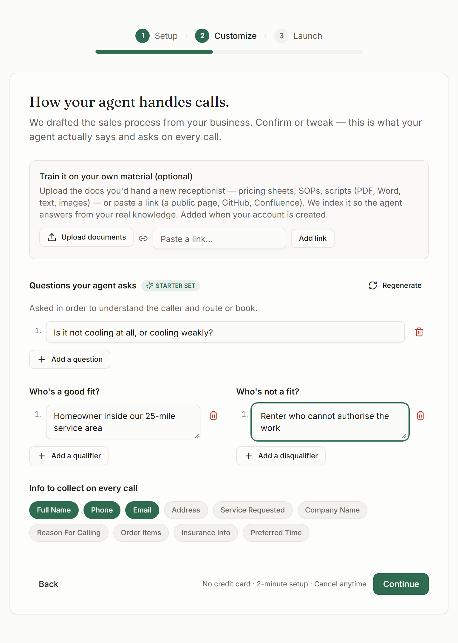 The upload panel: add documents or paste a link, so the agent answers from your own material