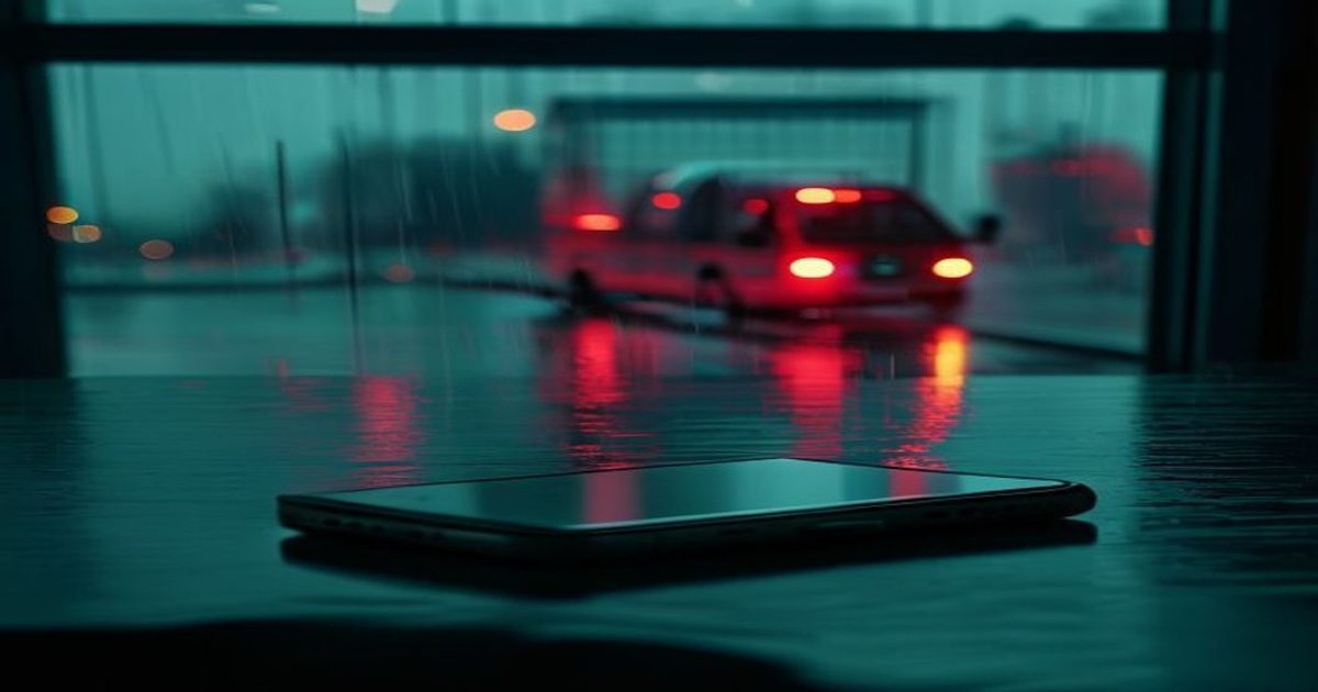 A phone rings unanswered in a dark office while an HVAC service van drives away at night on a wet street
