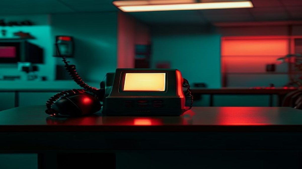 An empty after-hours HVAC office with a desk phone lit by a single lamp