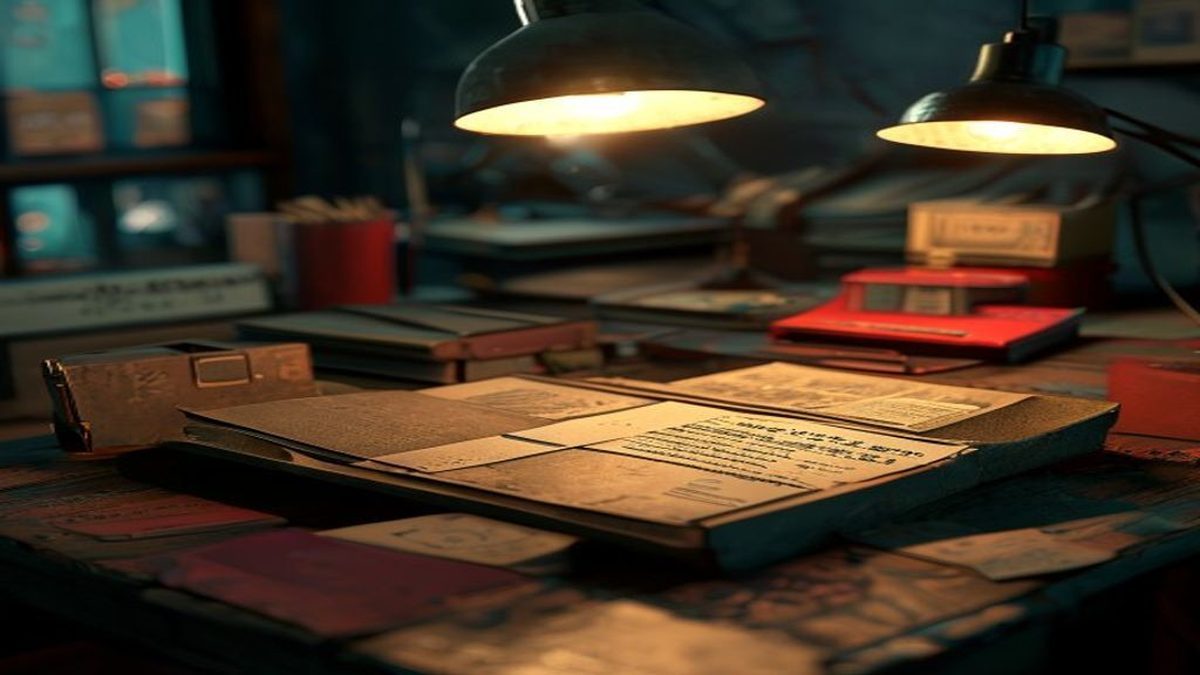 A stack of old paper service records and a customer folder under a warm desk lamp